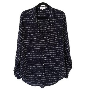 Bella Dahl Navy Blue White Dotted Stripe Rayon Button Up Blouse Size Large